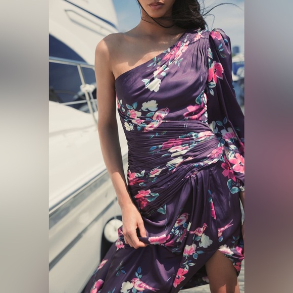 Mac Duggal Ieena Purple One Shoulder Long Sleeve Floral Pink Wedding Guest Dress - Picture 7 of 16